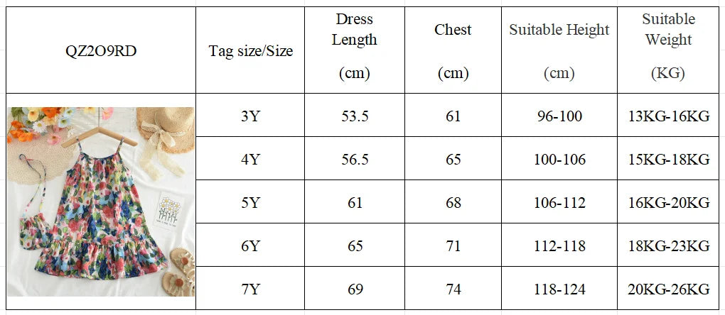 3-7 Years Baby Girl's Summer Floral Suspender Dress with Bag 2 Pieces Set