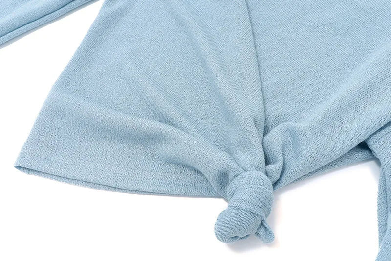 Women's Autumn Long Sleeve Asymmetrical Knit Top - Blue Cropped Slim Fit
