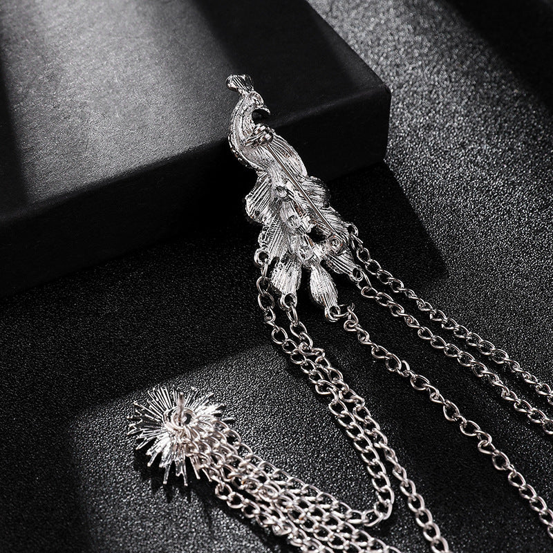 Men's Retro Brooch Pin Badge Peacock Tassel Collar Pins with Chain Shirt Crystal Corsage Jewelry Accessorie