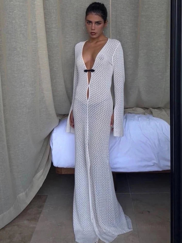 Women's Knitted Maxi Dress Outfit - Long Sleeve See Through Hollow Out Dress