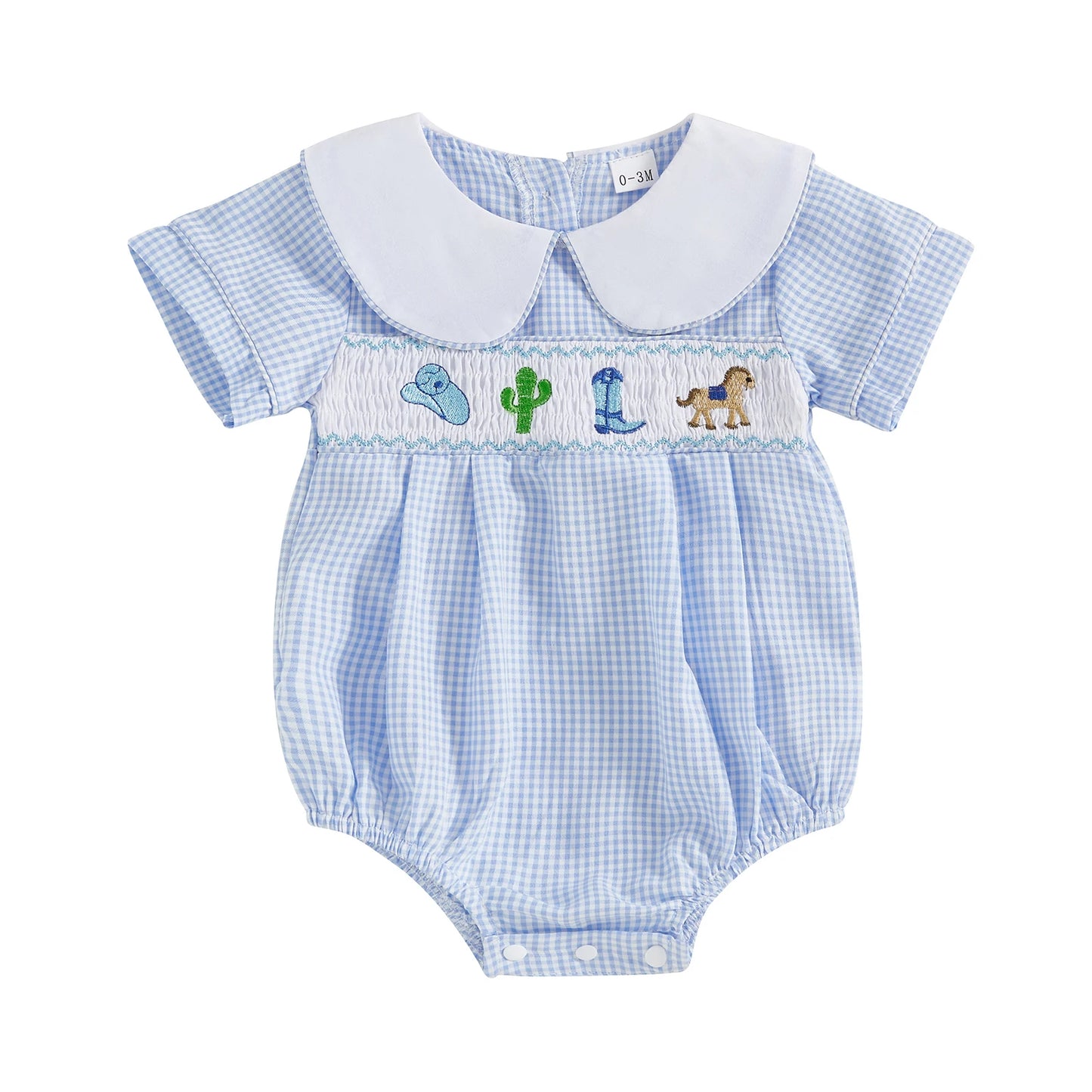 Lovely Baby Summer Romper - Plaid Print Western Embroidery Doll Collar Jumpsuit (0-18M)