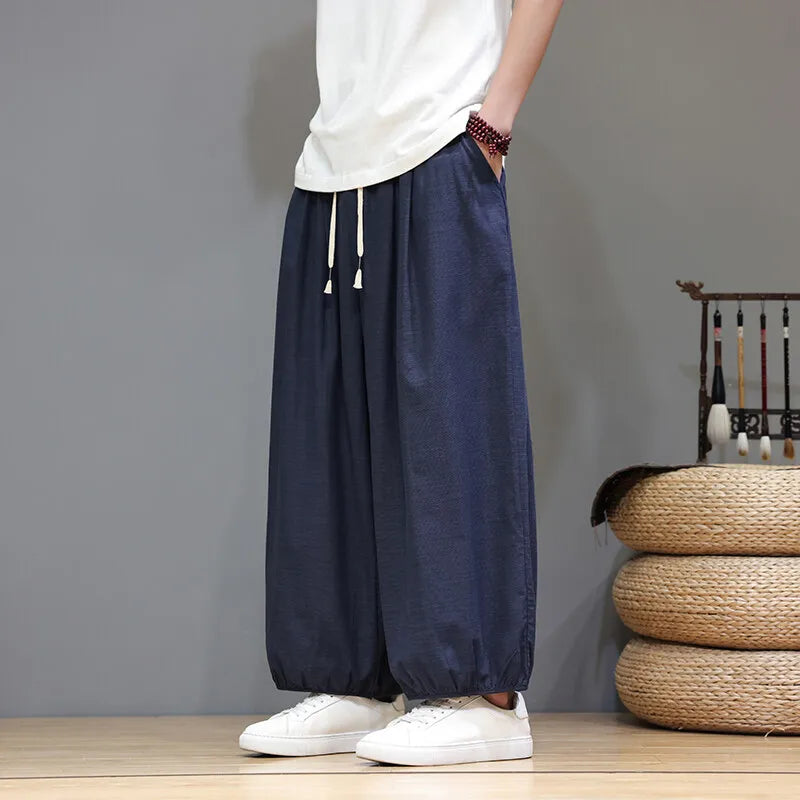Men's Summer Wide Leg Pants Casual  Breathable Loose Ankle Length  Harem Trousers