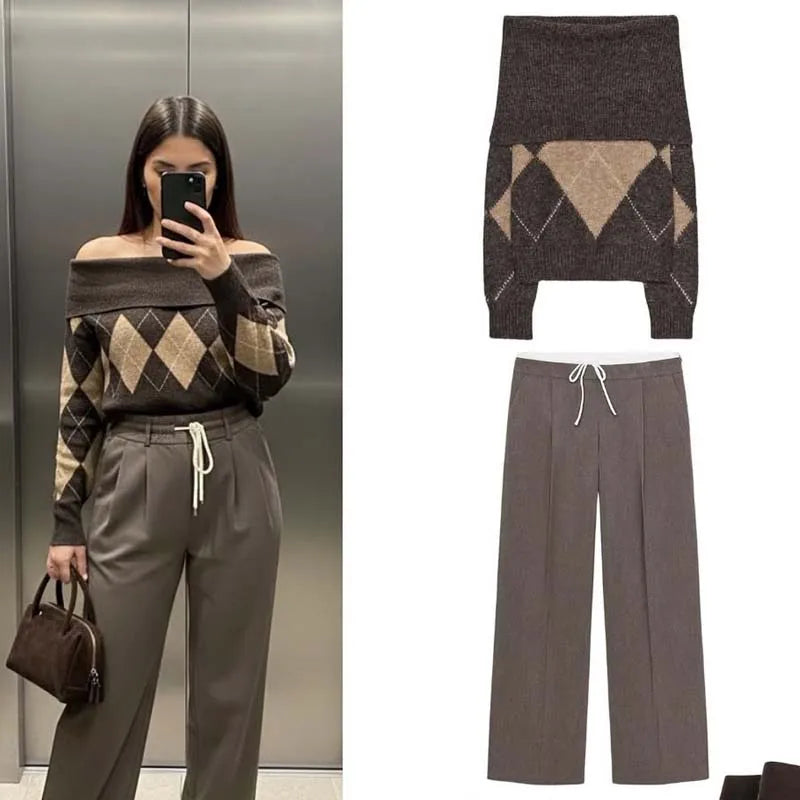 Vintage Argyle Off Shoulder Knit Sweater - Long Sleeve Loose Casual Pullover