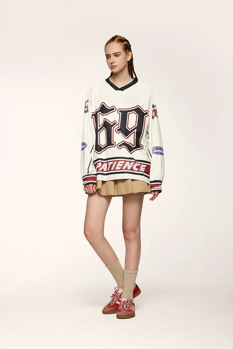 Unisex Retro Oversized Sports Letter Printed Long-sleeved T-shirt