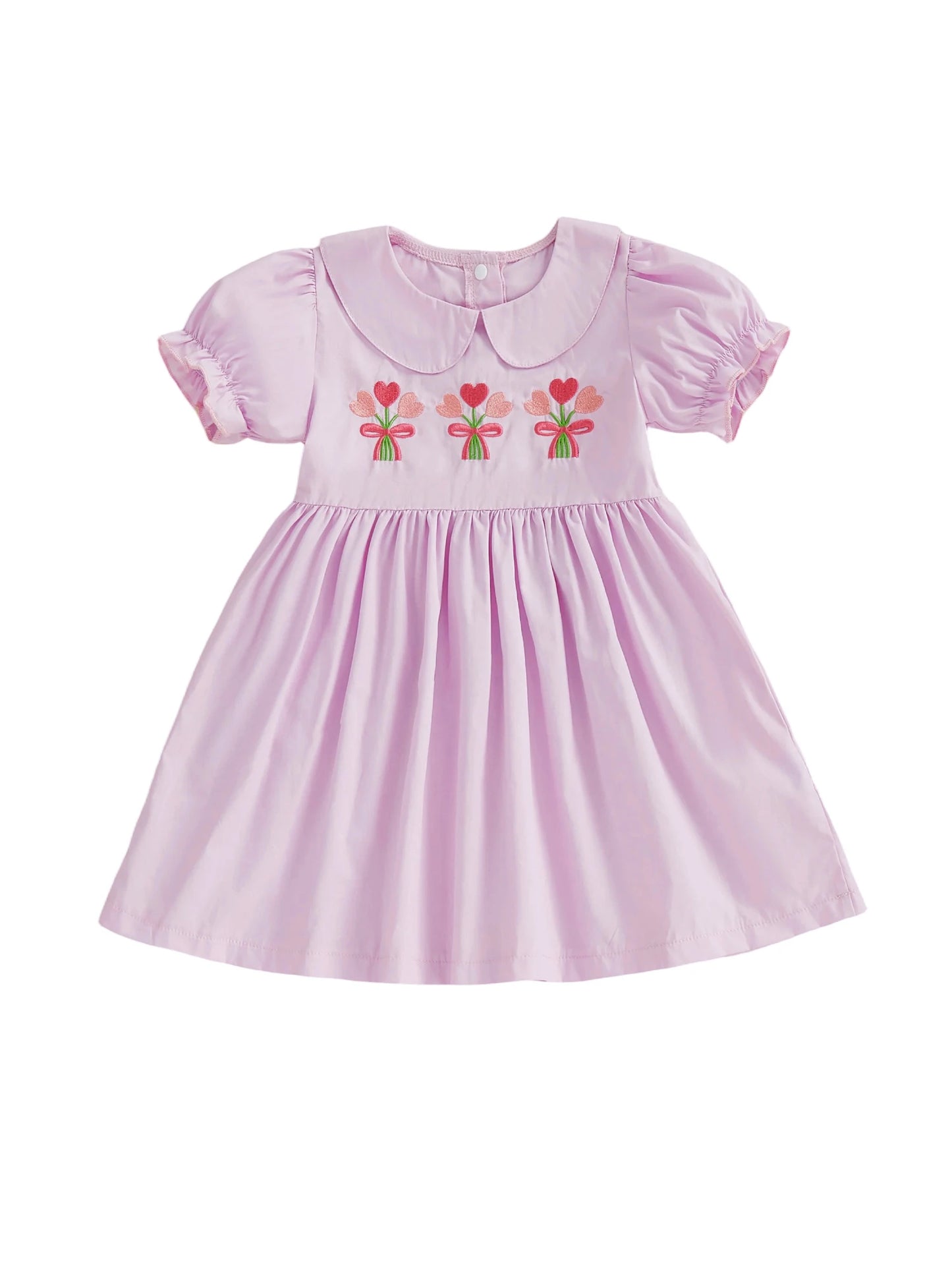 Girls Princess A-Line Dress - Floral Embroidery Doll Collar Short Sleeve