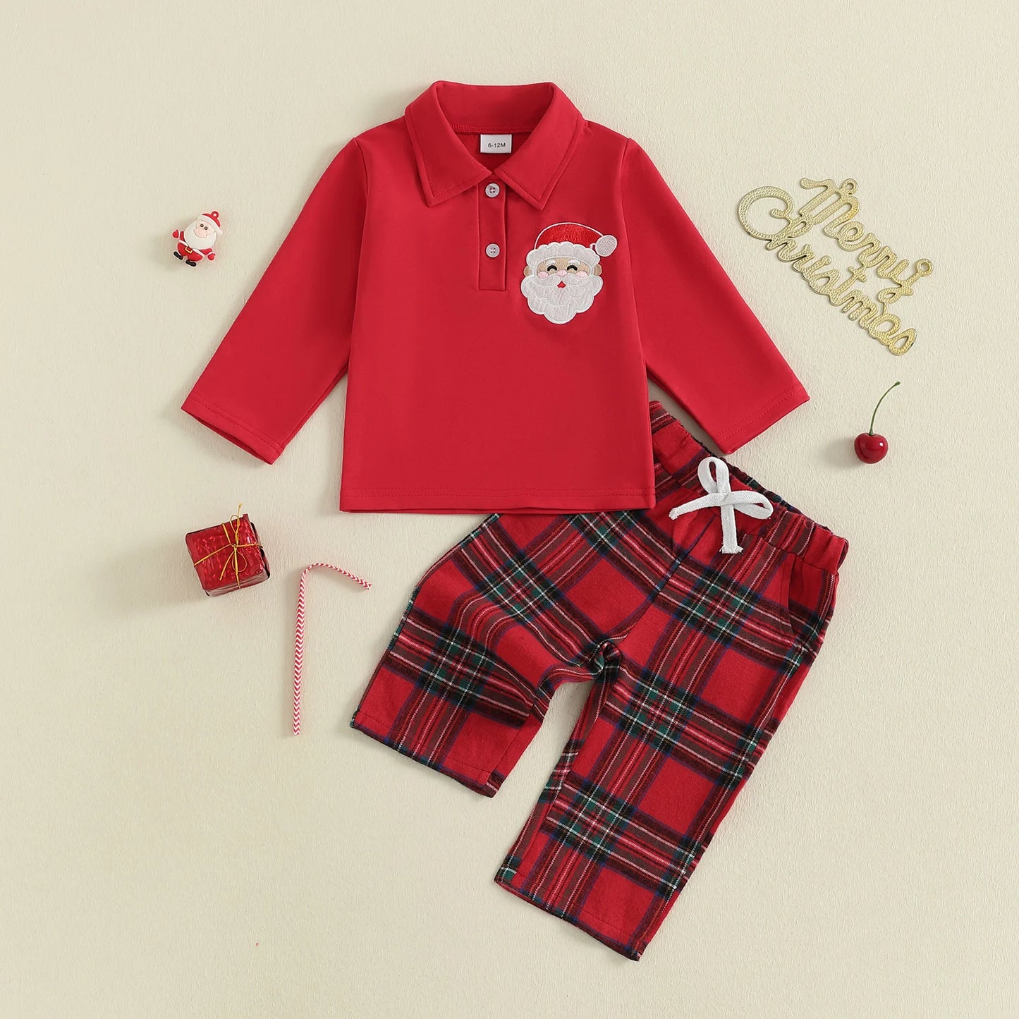 Toddler Kids Boy Christmas Clothes Set - Santa Embroidery Long Sleeve Lapel Pullover & Elastic Waist Plaid Pants