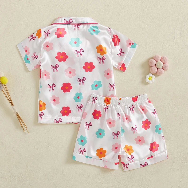 0-4Y Summer  Kids Girls Summer Pyjamas Clothes Sets 2pcs Flower Bow Print Single Breasted Shirts and Shorts