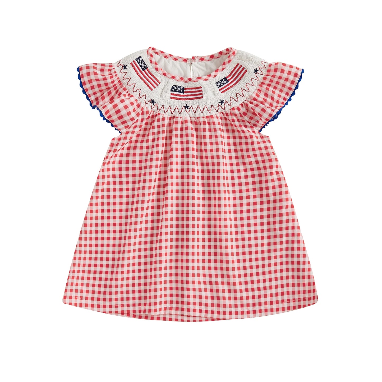 Kids Girls Dress 0-5Y USA Flag Embroidery Dot/Plaid Print Short Sleeve A-Line Dress