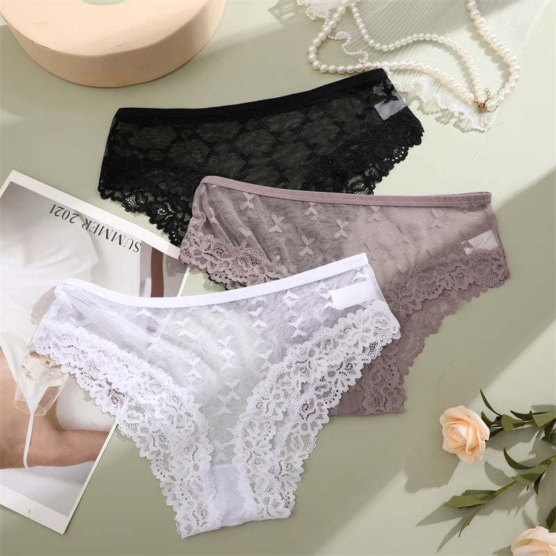 Women's Lace Underwear 3-Piece Set - Floral Hollow Out Briefs