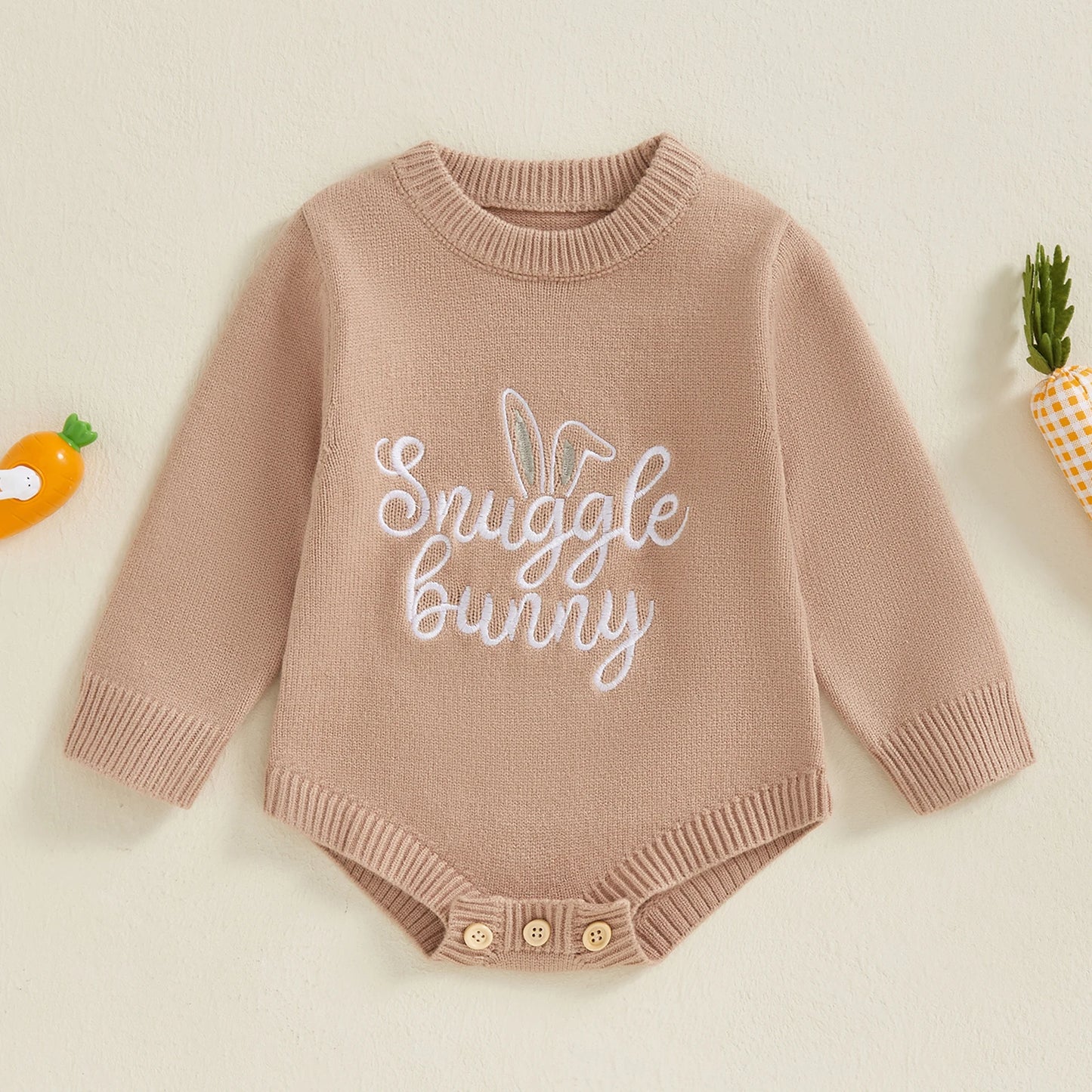 Baby Unisex Knit Long Sleeve Romper | Letter & Rabbit Festival Print | O-Neck | Covered Button | Cotton Blend | All Seasons | 3–18 Months