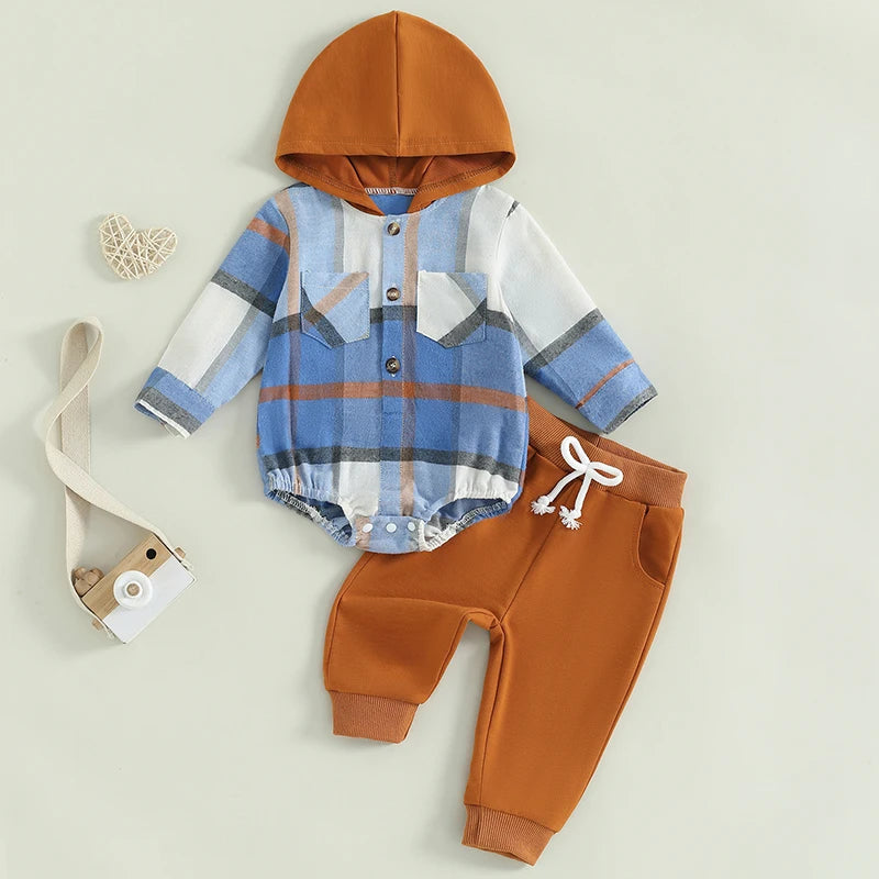 0-24M Baby Boys 2-Piece Clothing Set - Long Sleeve Plaid Hooded Romper with Pants