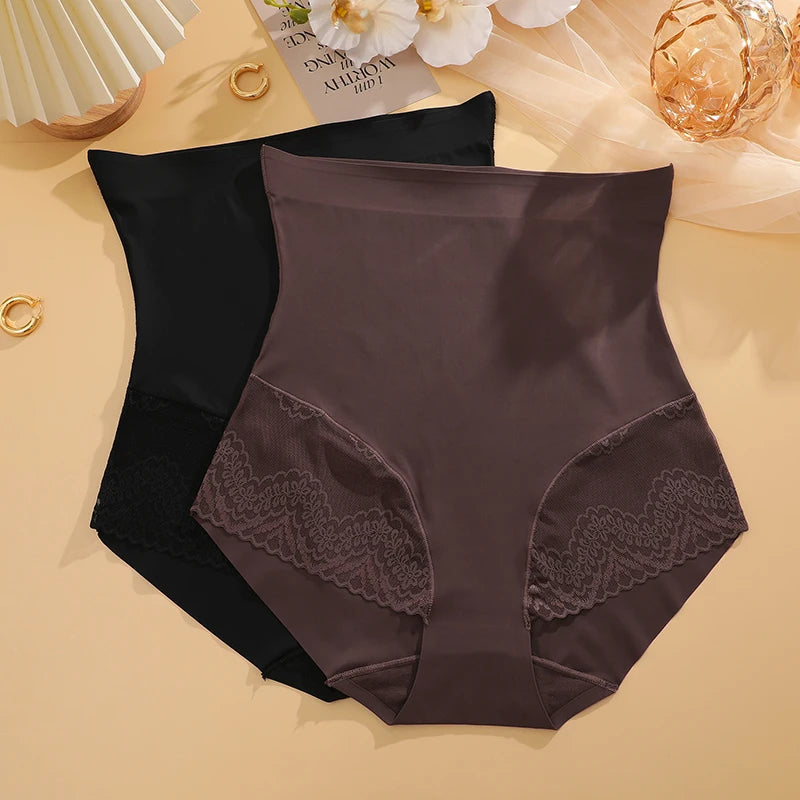 High Waist Tummy Control Panties - Women's Floral Lace Shaping Briefs (S-XXXL)