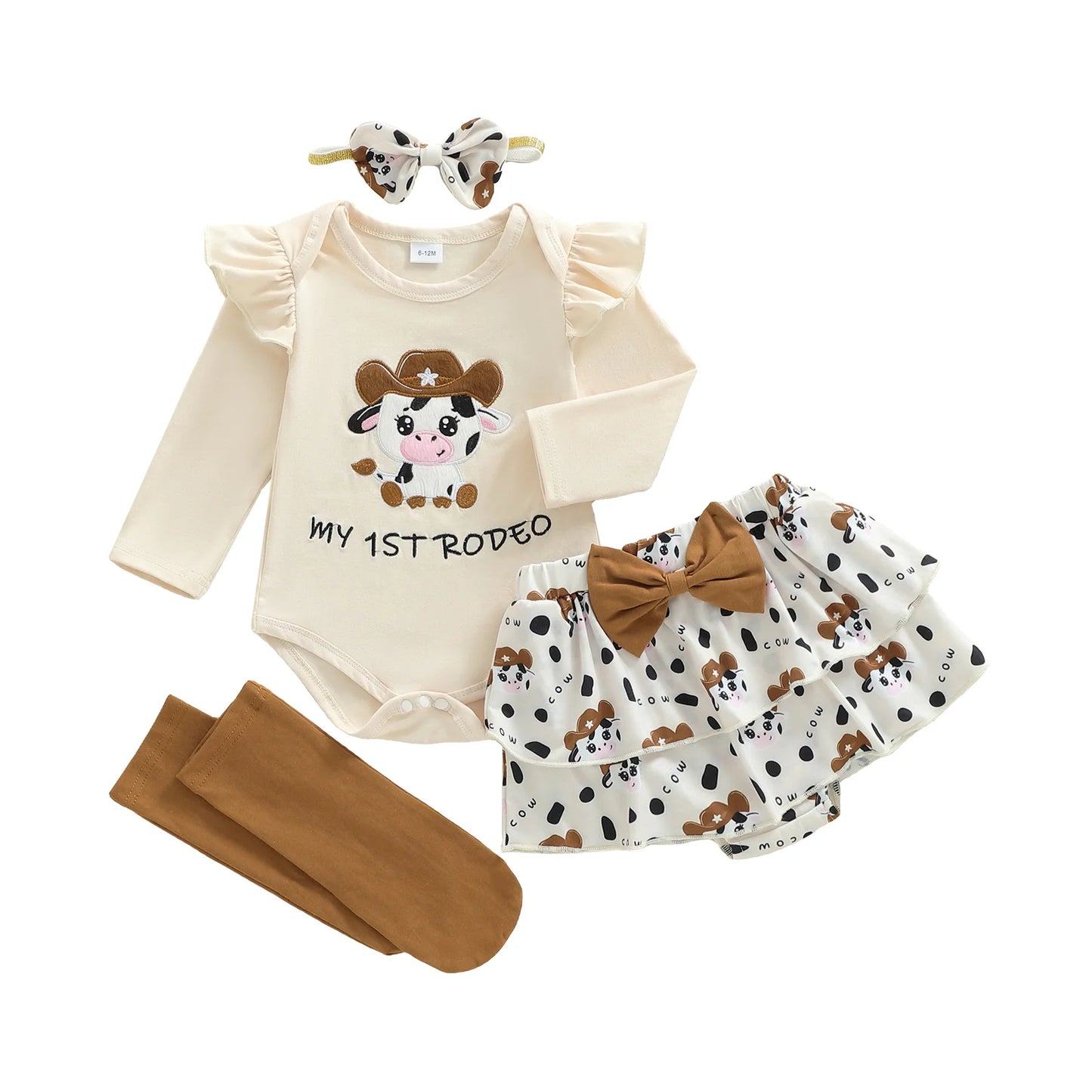 Newborn Baby Girls Boys Outfit Set - Cow Embroidery Romper with Skirt & Accessories 0-12M