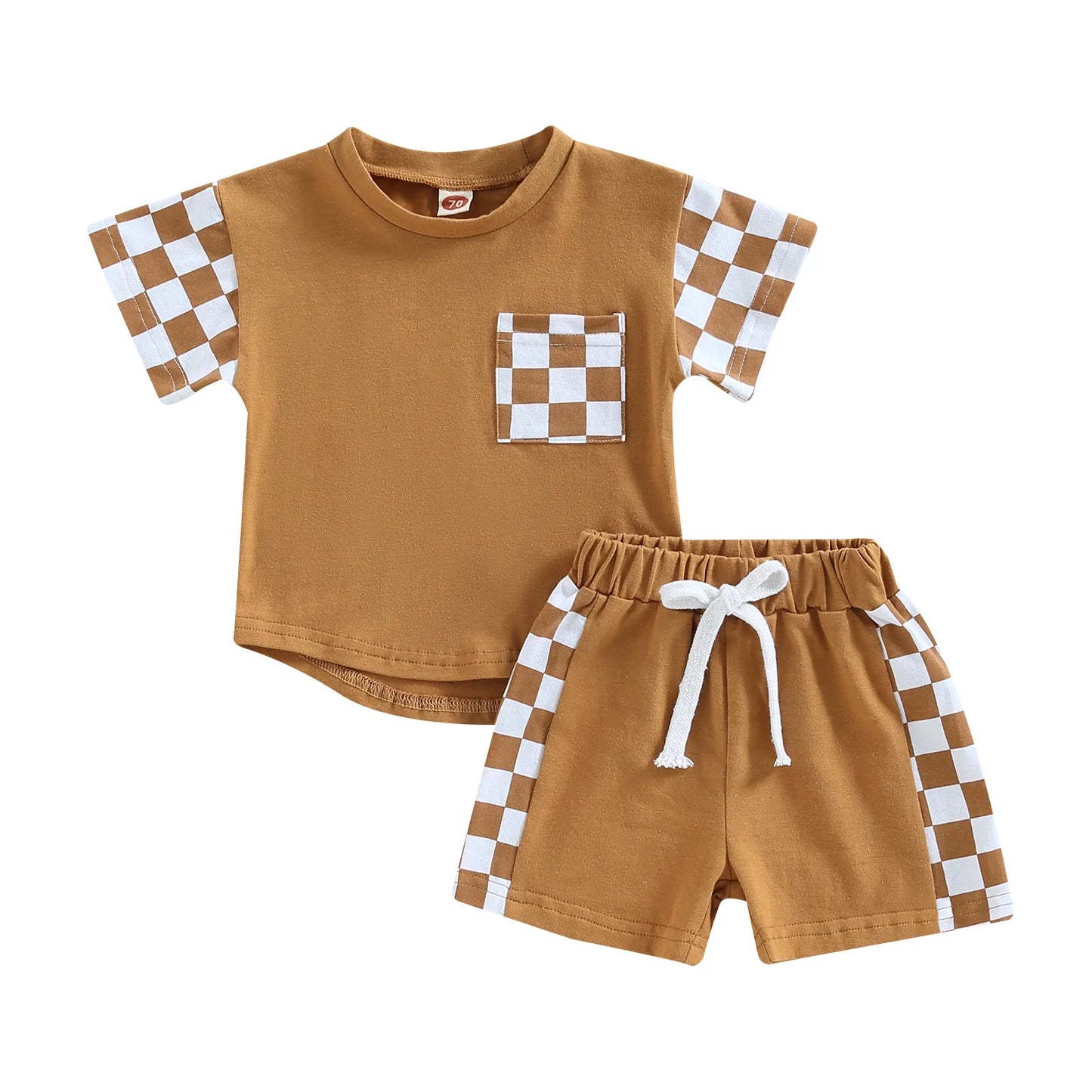 0-3Y Toddler Baby Boy Summer Clothes Sets Plaid Patchwork Short Sleeve Pocket T-Shirt and Elastic Waist Shorts