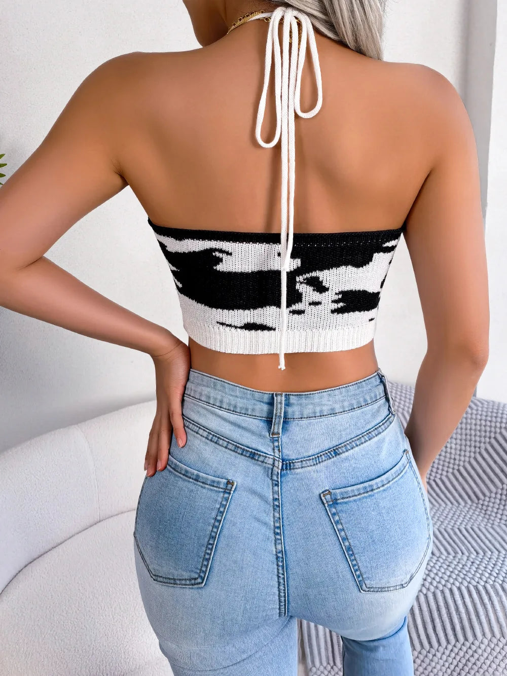Women's Spring Summer  Halter Cow Pattern Waist Strap Open Navel Knit Tank Top