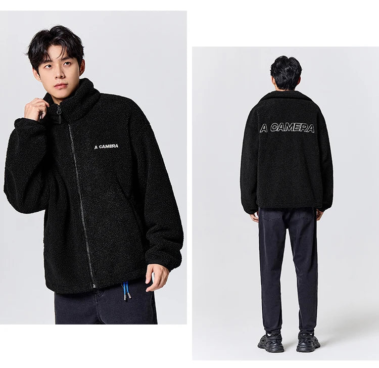 Men's Loose Fit Fleece Jacket - Plush Embroidered Stand Collar Winter Coat