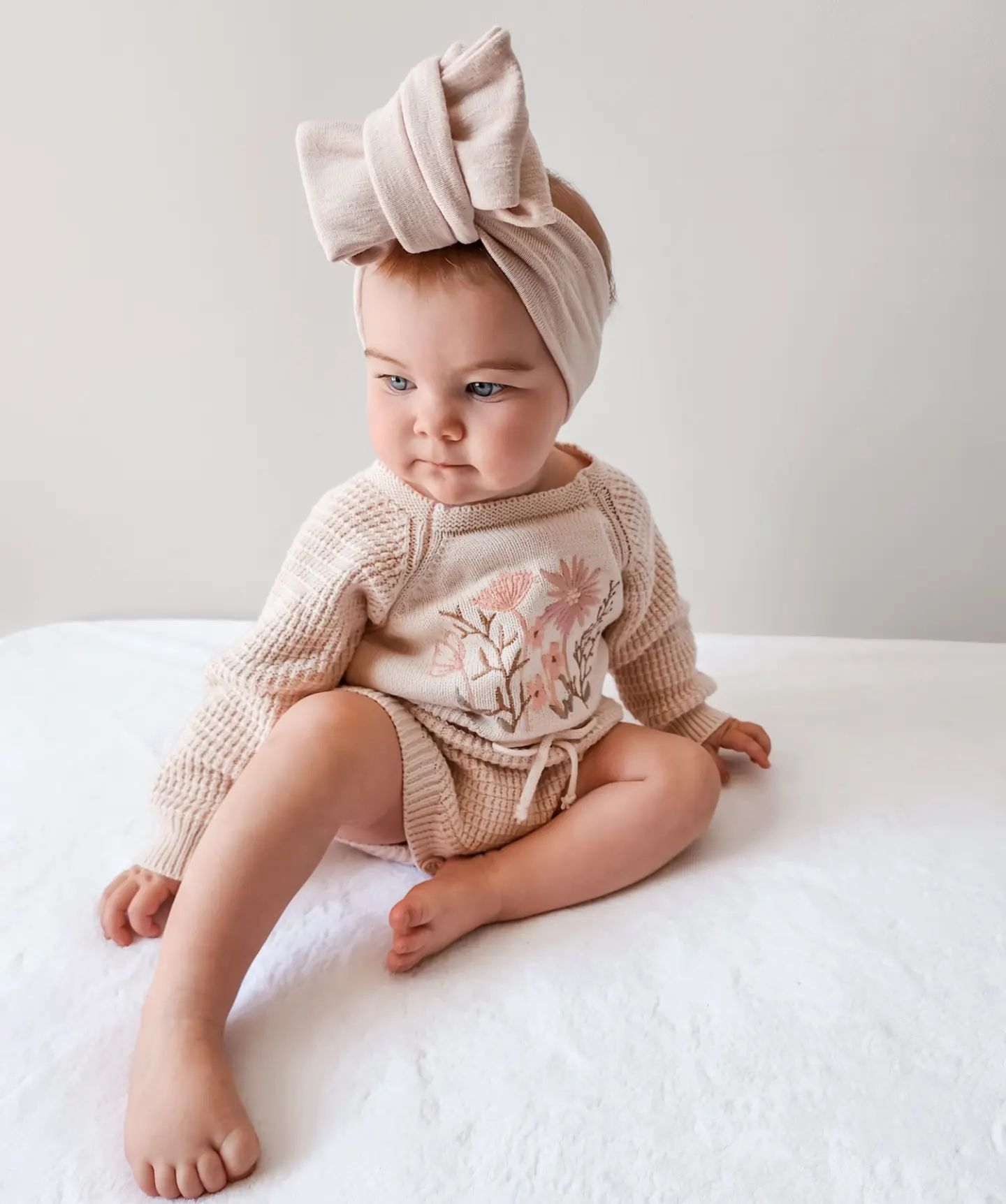 0-24M Baby Girl's Romper Knitted Long Sleeve Flowers Embroidery Elastic Button Jumpsuit