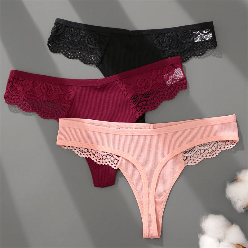 Cotton Lace Thongs - 3 Pack Low Waist Bikini Panties
