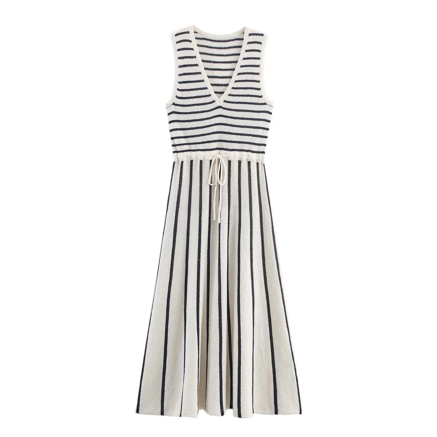 Women's Slim Fit Striped Knitted Dress - Elegant Patchwork Design Summer Dress