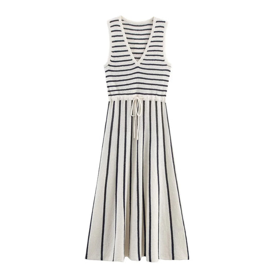 Women's Slim Fit Striped Knitted Dress - Elegant Patchwork Design Summer Dress