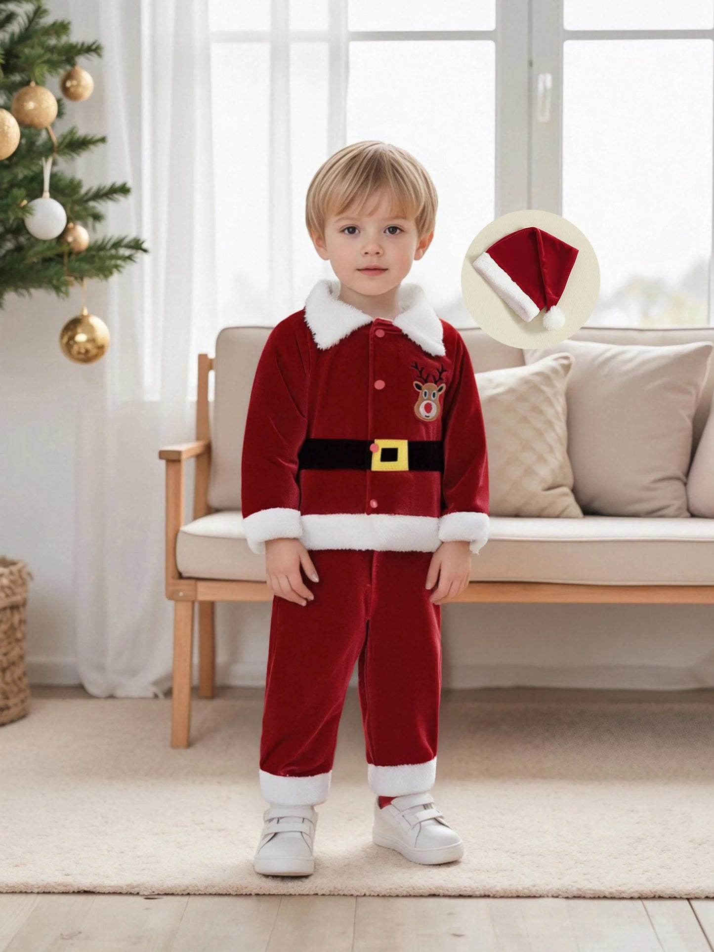 Christmas Santa Costume Set - Kids Lapel Button Down Top & Pants Outfit