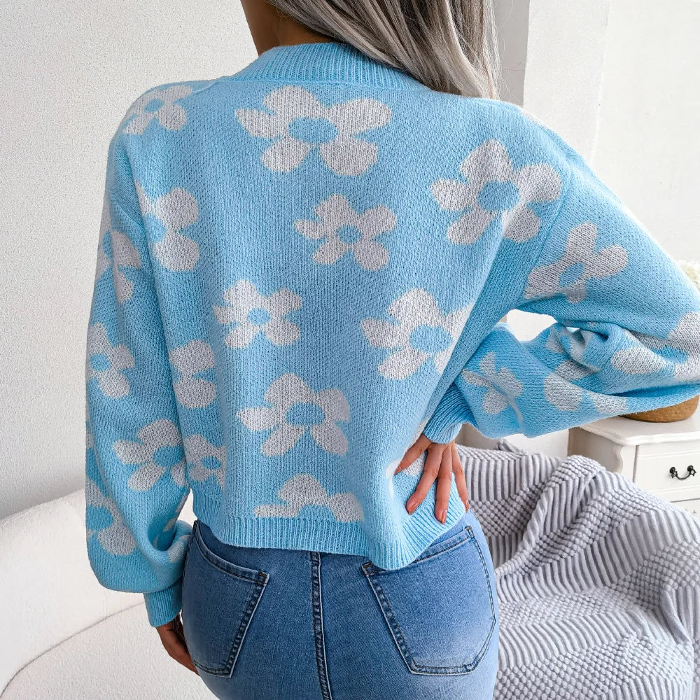 Women's Knitted Cardigan V Neck Single Breasted Sweater Flower Lantern Sleeve Jumper