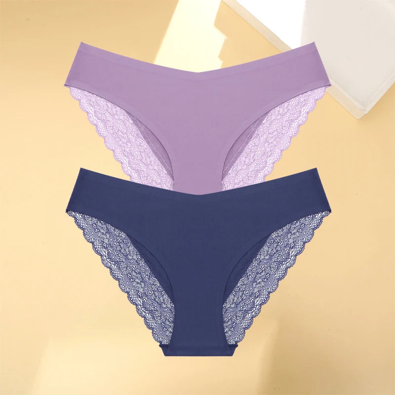 Women's 2Pcs Seamless Stretch Underwear Lace Floral Panties Recycled Materials Breathable Briefs Low Waist Comfort Lingerie