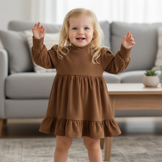 Toddler Girls Winter Dress - Ribbed Turtleneck A-Line with Ruffle Hem (0-4Y)