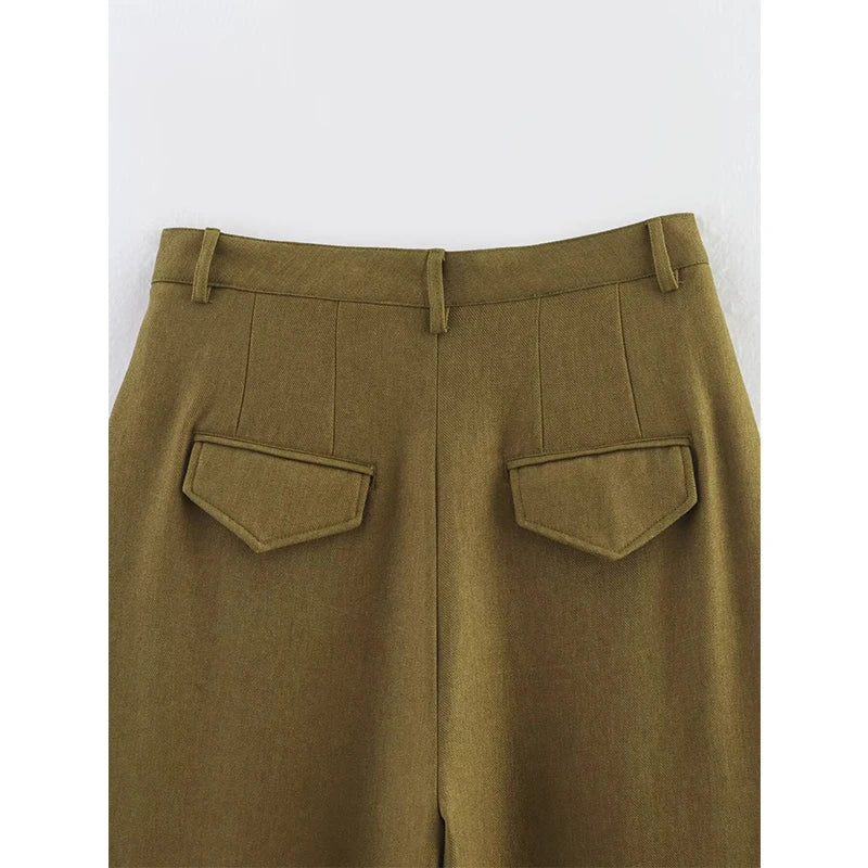 Olive Green Pleated Pants - Mid-Rise Waist Pocket Loose Casual Trousers