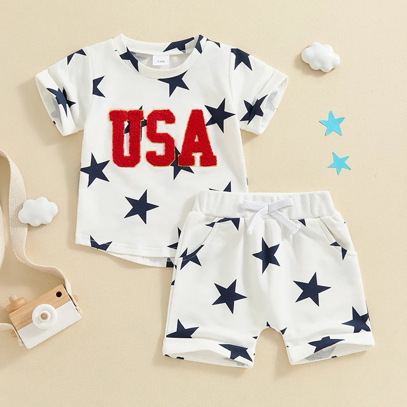 Summer Baby Boys  Short Sleeve USA Embroidery Letters T-shirt with Stars Print Shorts Outfit 3M-3 Years Old