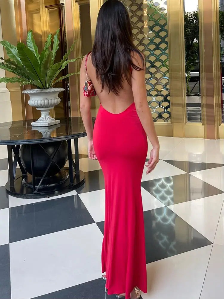 Women's Draped Backless Sleeveless Slip Maxi Dress