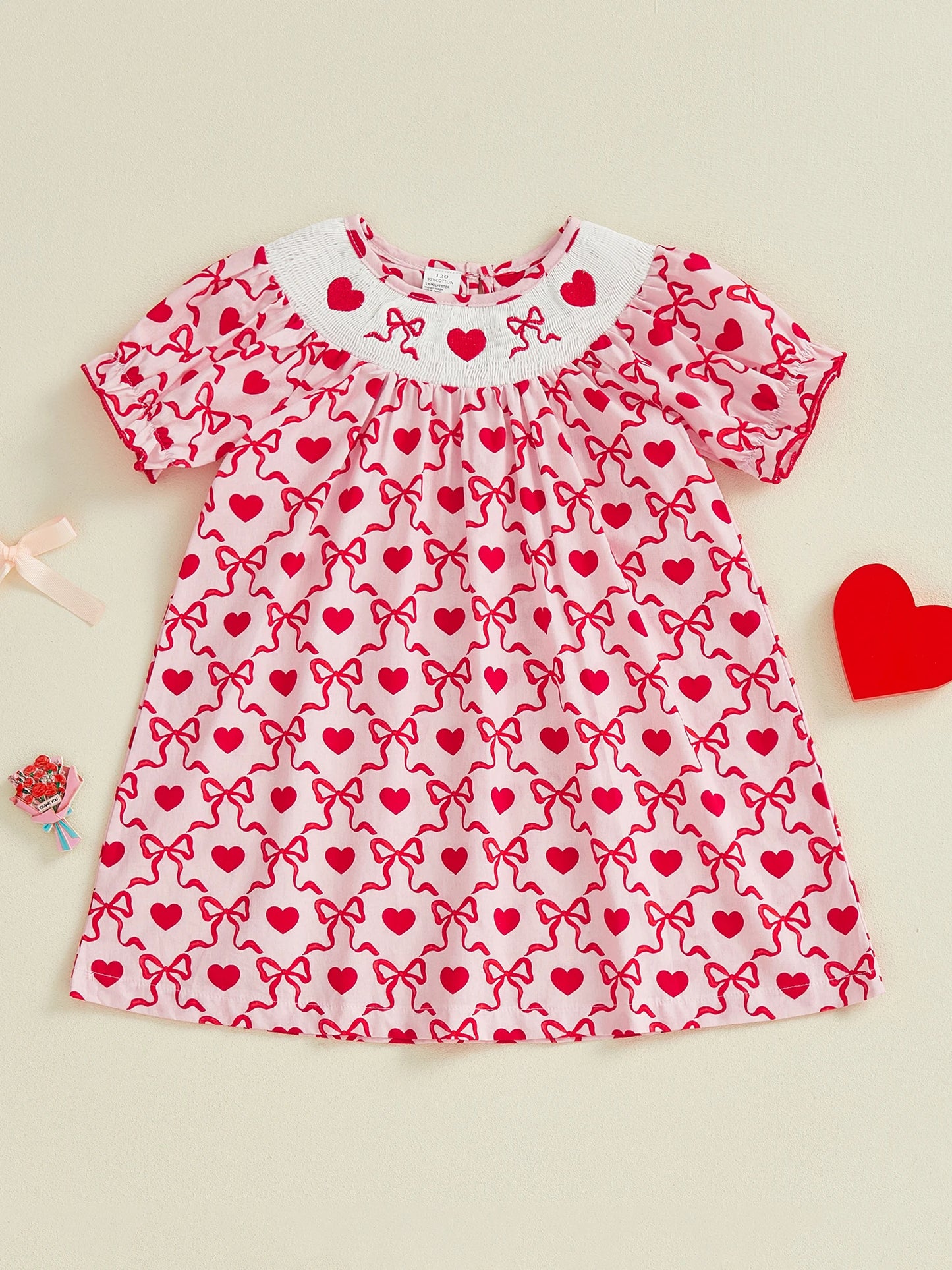 Little Girls Valentine's Day Short Sleeve Heart Embroidery Print A-Line Dress