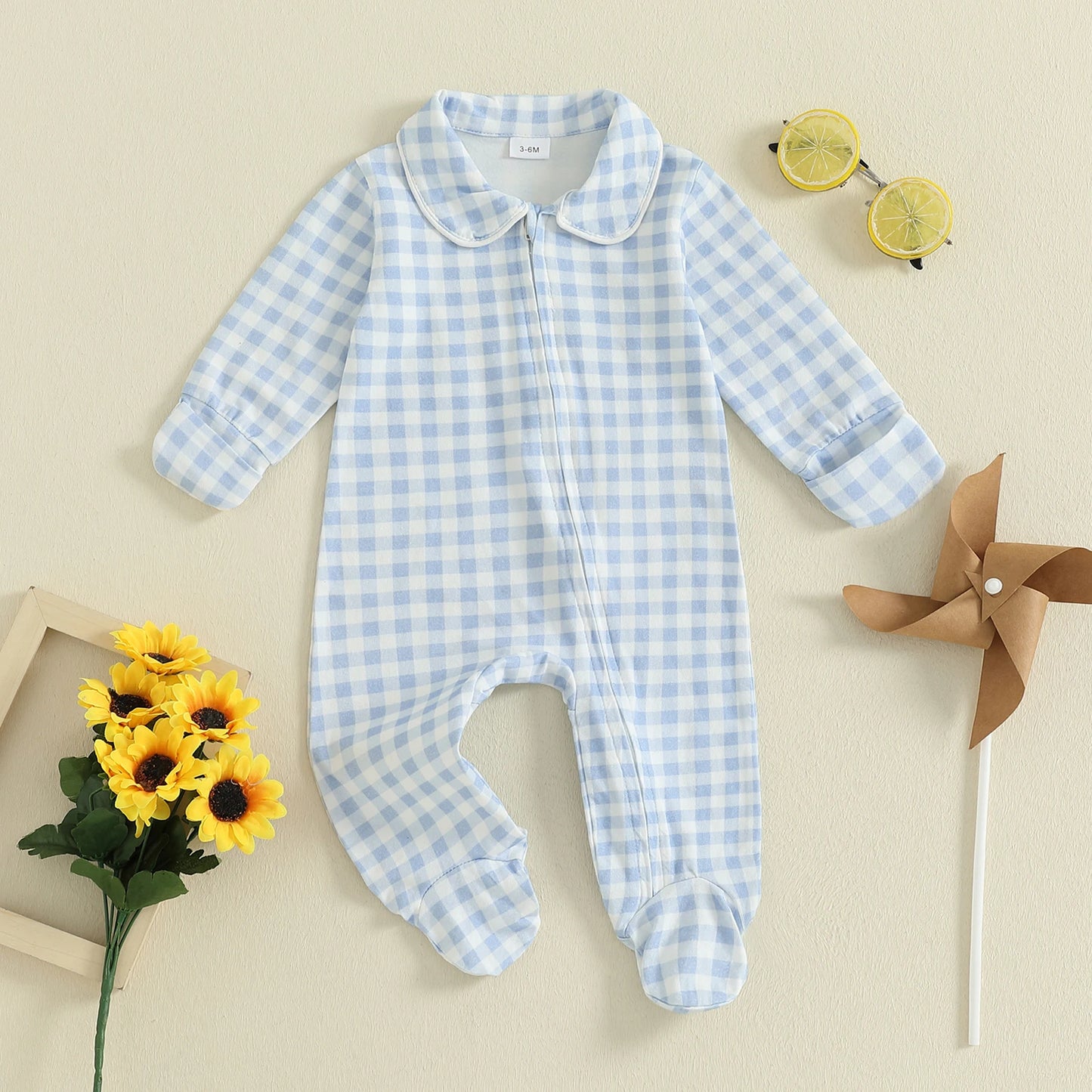 Newborn Baby Plaid Romper - Doll Collar Long Sleeve Zip-Up Footed Jumpsuit