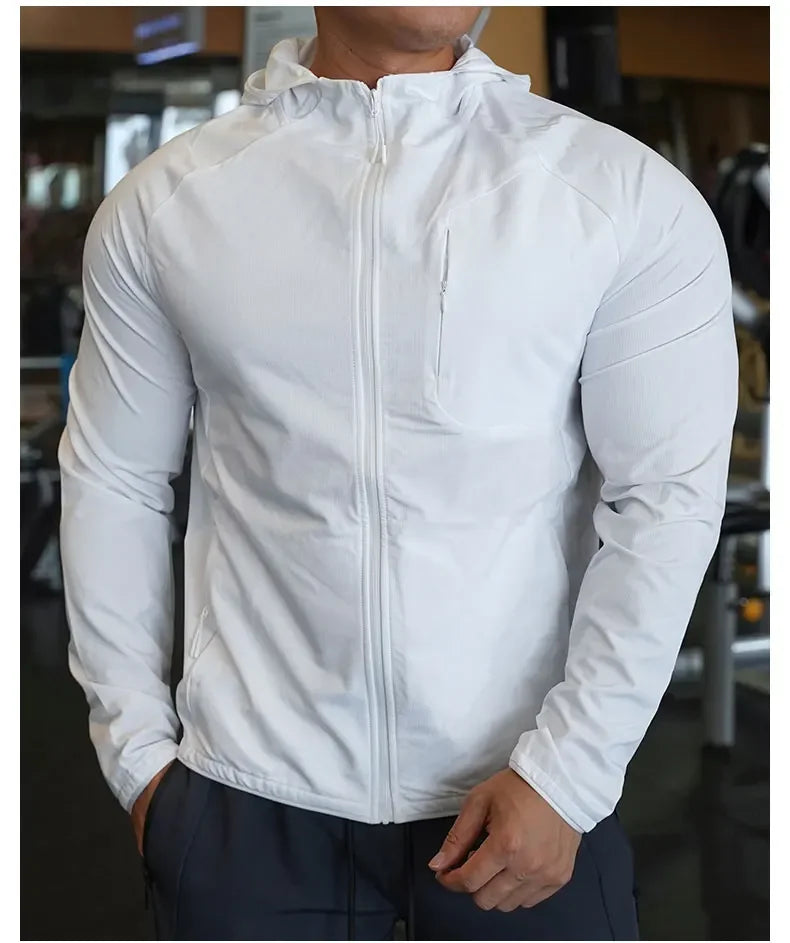 Men's Nylon Sport Coat Gym Fitness Hoodies Outdoor Workout Tops Hooded Training Running Zipped Jacket