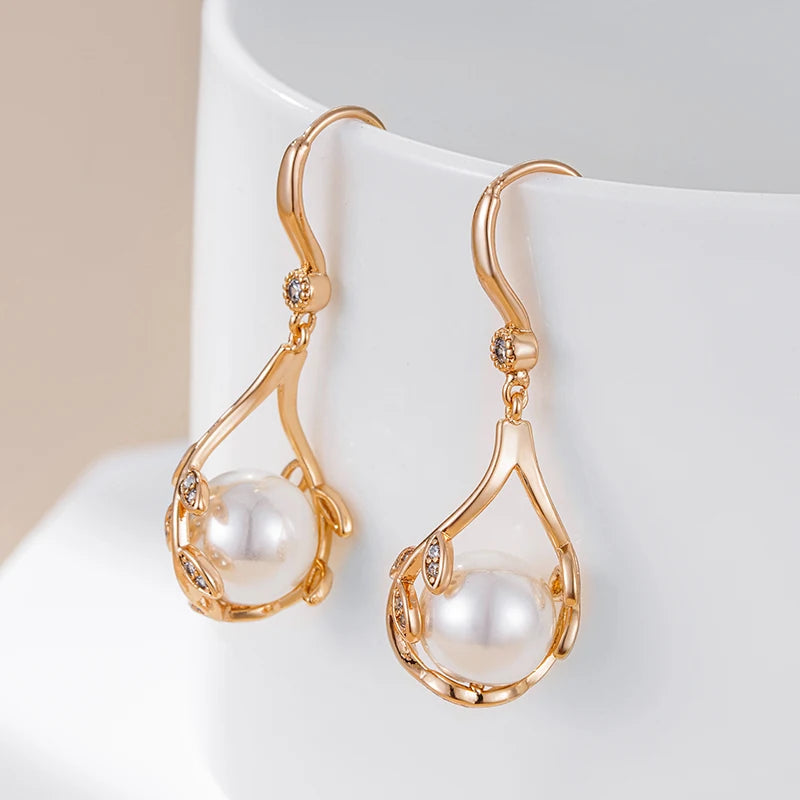 Women's 585 Rose Gold Colour Natural Zircon Pearl Long Drop Earrings