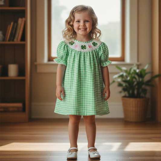 Clover Embroidery Smocked Puff Sleeve Plaid Dress (0-5Y)