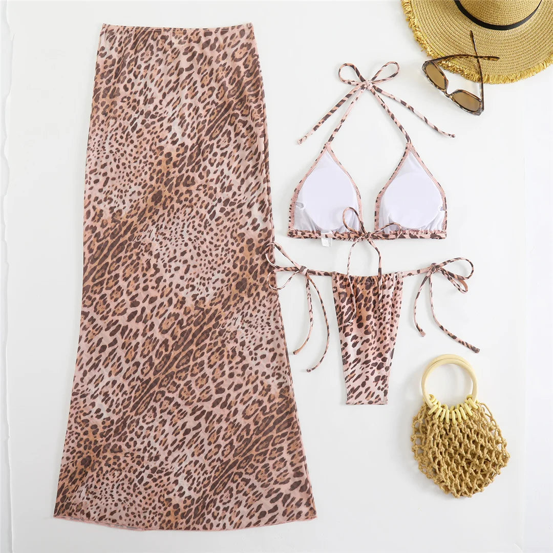 Women's Leopard With Skirt Halter Bikini Women Swimwear Swimsuit Three-pieces Bikini set