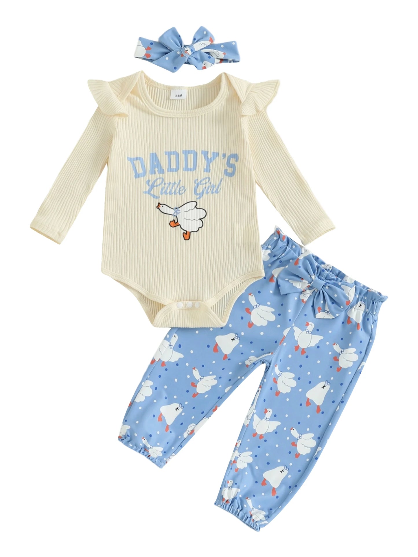 Baby Girls Duck Print Outfit Set - 3-Piece Long Sleeve Romper, Dot Pants & Headband (0-18M)