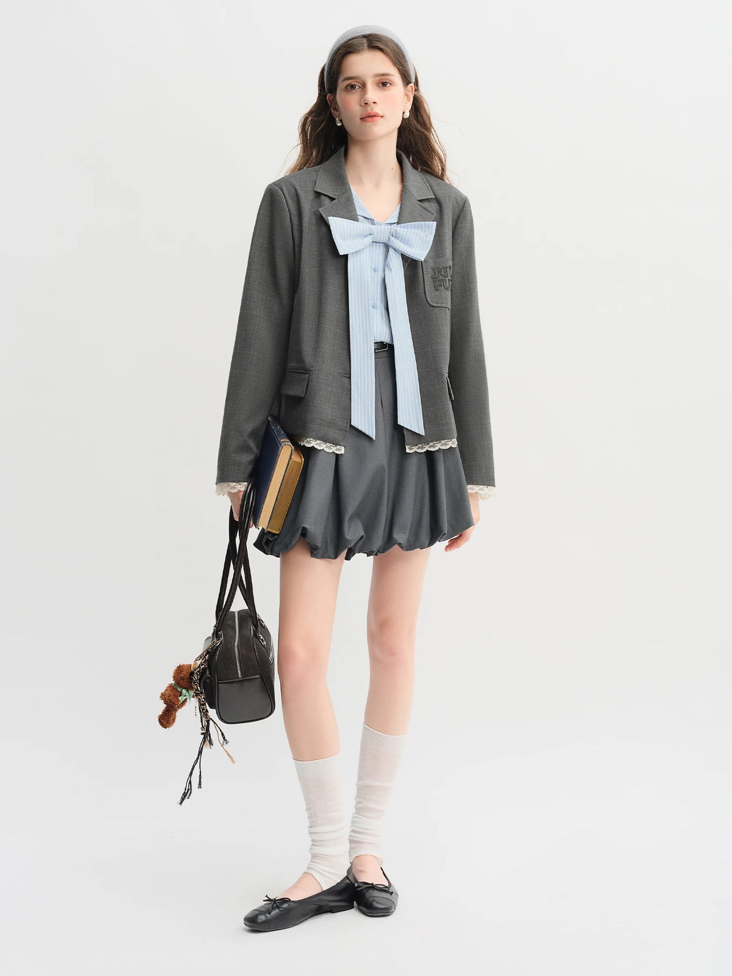 Plus Size Striped Shirt Dress with Navy Collar & Bow Detail