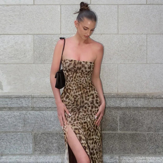 Women's Vintage Leopard Print Straps Long Slip  Backless Dress