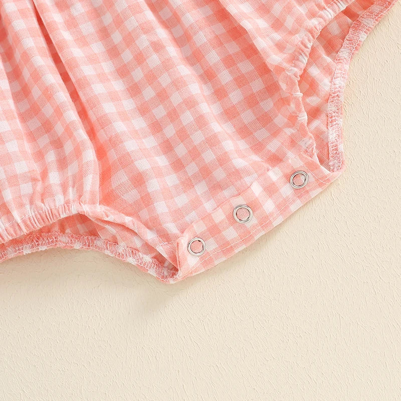 0-18M Baby Girls Summer Romper Outfits Fly Sleeve Plaid Print Ruffles Bowknot Jumpsuits with Headband