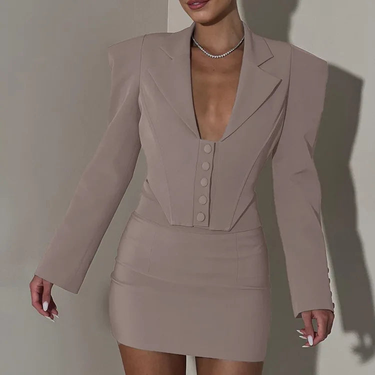 Women's Mini Skirt Long Sleeve Lapel Fishbone Top Hip-Covering Skirt Bodycon Two-Piece Commuting Set