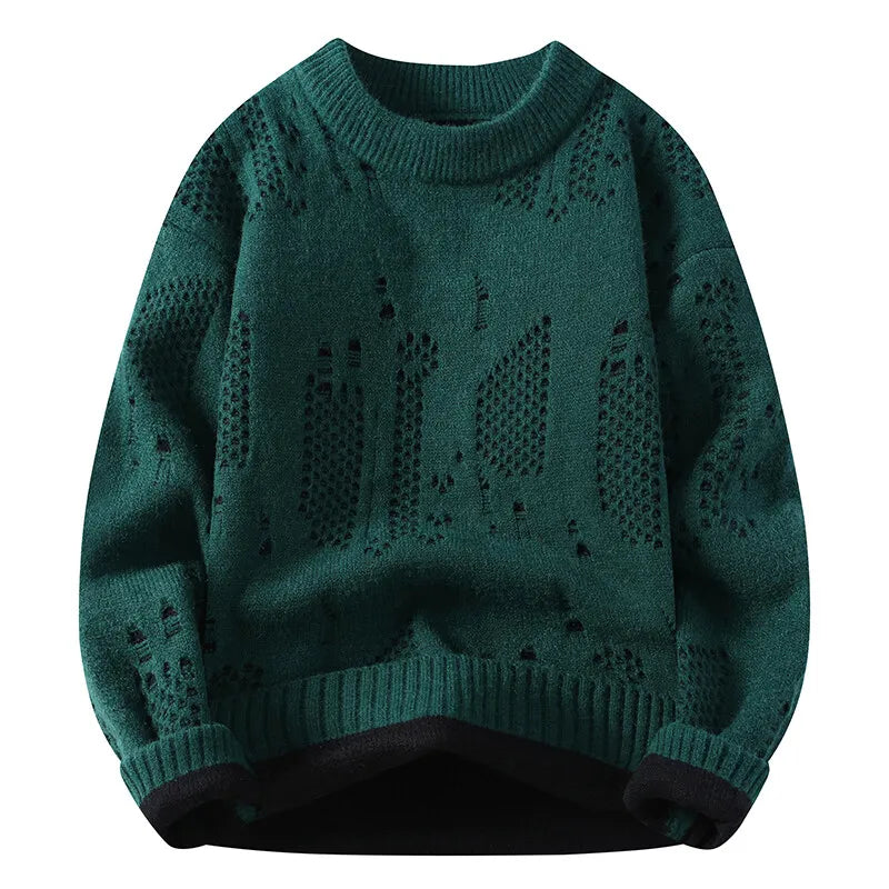 Men's Distressed Knit Sweater - O-Neck Casual Pullover