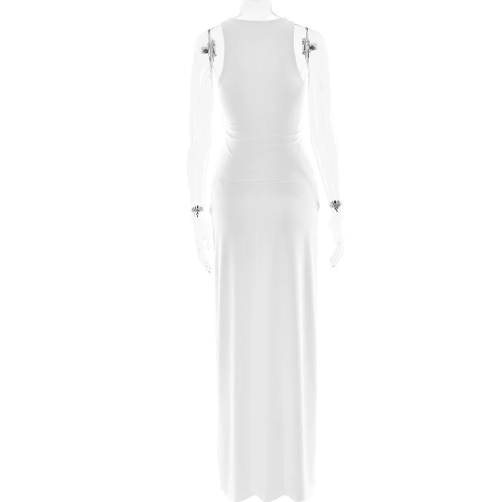 Women's Ruched Split Maxi Dress - Elegant Sleeveless Evening Gown