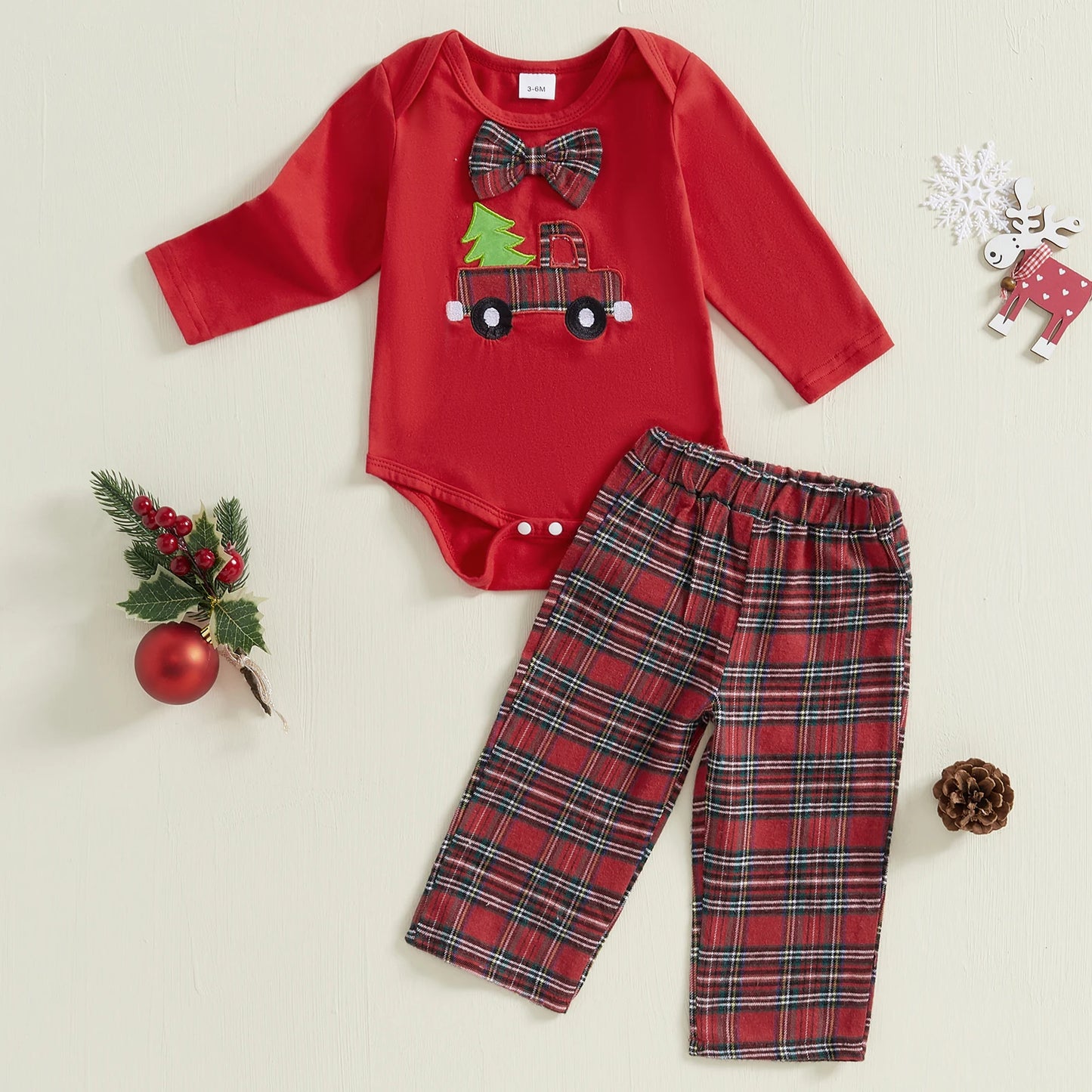 2pcs Baby Boys Christmas Clothes Sets 0-18M = Xmas Tree/Truck Print Bowknot Long Sleeve Romper and Plaid Pants