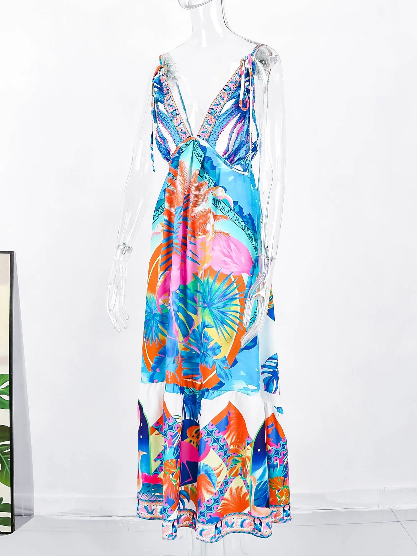 Women's Halter Printed Swimwear Loose Dress Backless Bikini Cover Up