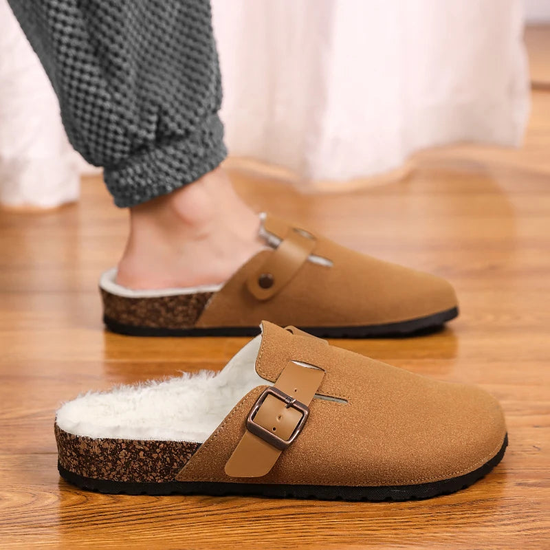 Winter Plush Slippers - Men's Warm Closed Toe Buckle Design Clogs