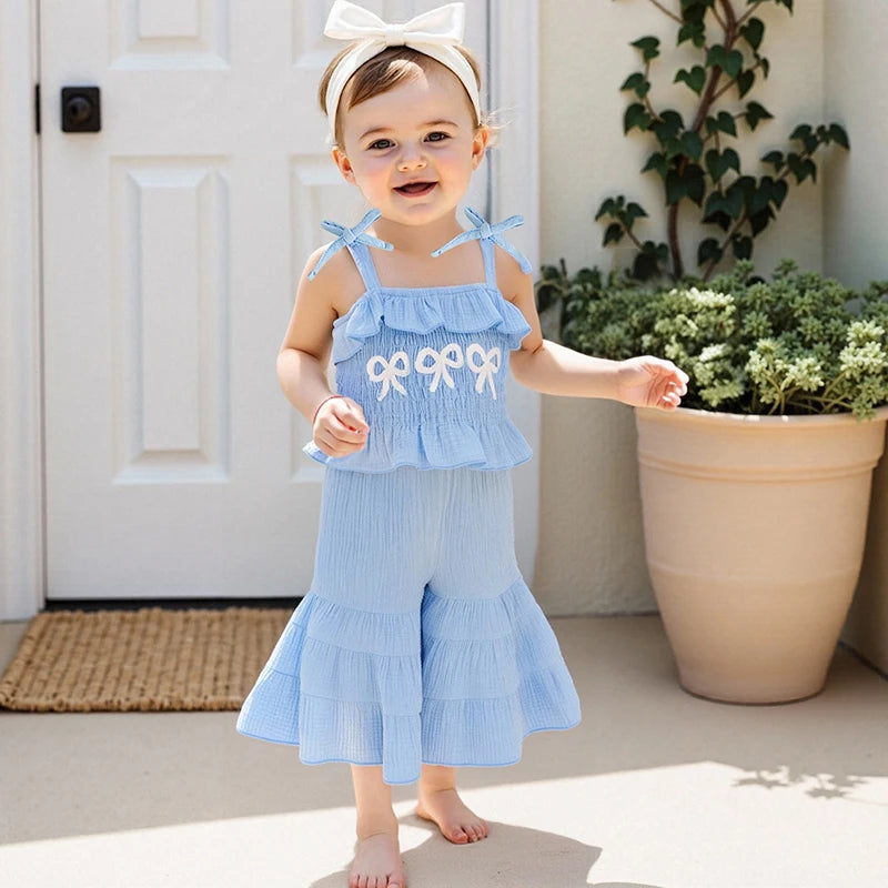 0-6Y Kids Girls Summer Clothes Set Bow Embroidery Tie-Strap Tank Top with Solid Color Flare Pants