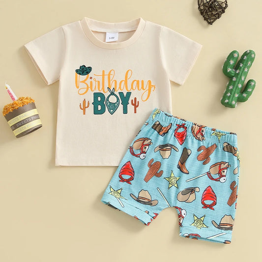 0-3Y Toddler Baby Boys Western Clothes Sets Letter Print Short Sleeve T-shirt Boots Shorts Summer Clothes