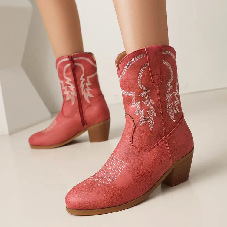 Totem Embroidered Ankle Boots - Pointed Toe Chelsea Boots with 6cm Wedge Heel